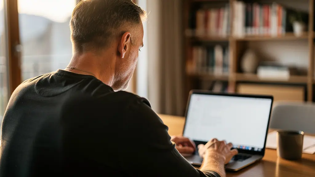 Schweizer Eigentümer prüft Immobilienbewertung am Laptop im Wohnzimmer