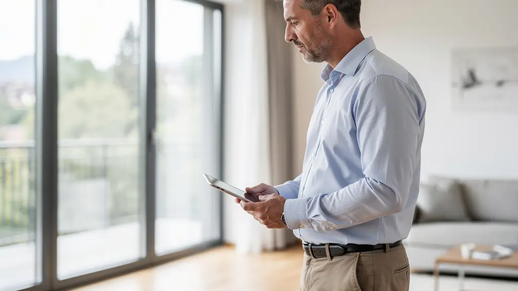 Immobilienexperte bei der Besichtigung eines Schweizer Wohnraums mit Tablet