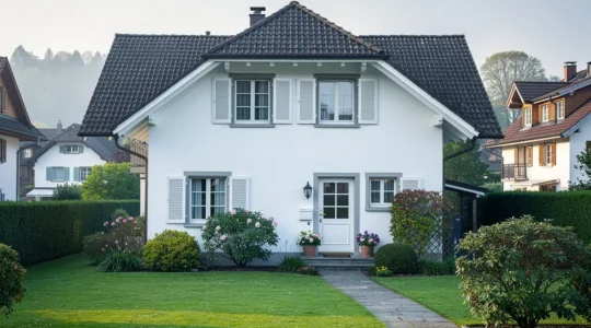 Gepflegtes Schweizer Einfamilienhaus mit Garten in vorstädtischer Umgebung bei Morgenlicht