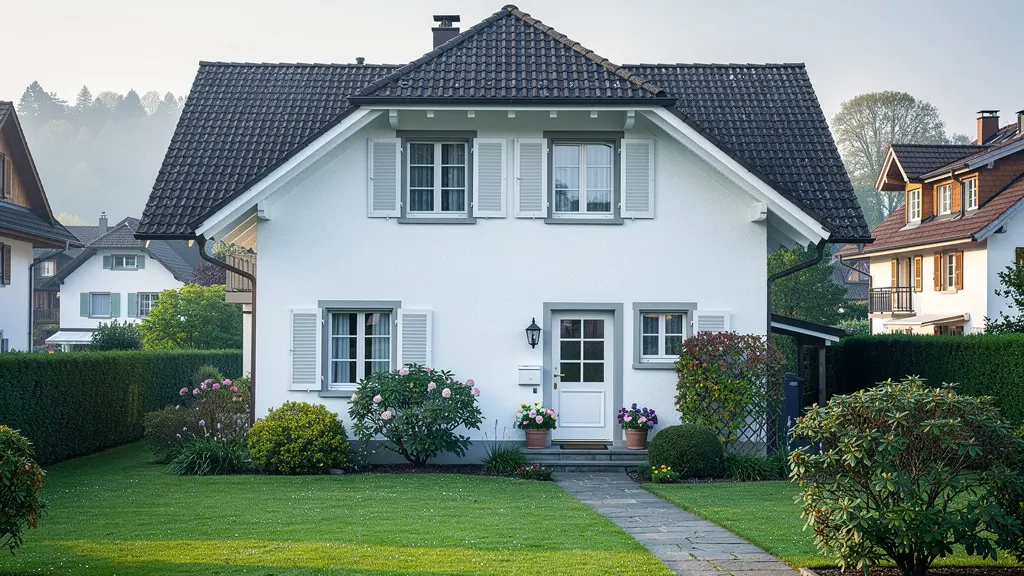 Gepflegtes Schweizer Einfamilienhaus mit Garten in vorstädtischer Umgebung bei Morgenlicht